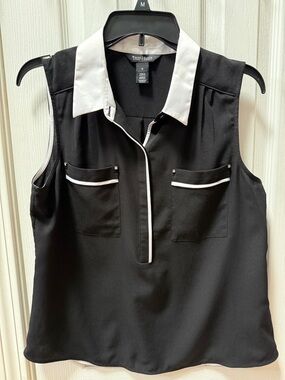 WHBM Black Sleeveless Collared Shell Tank with White Trim Accents
